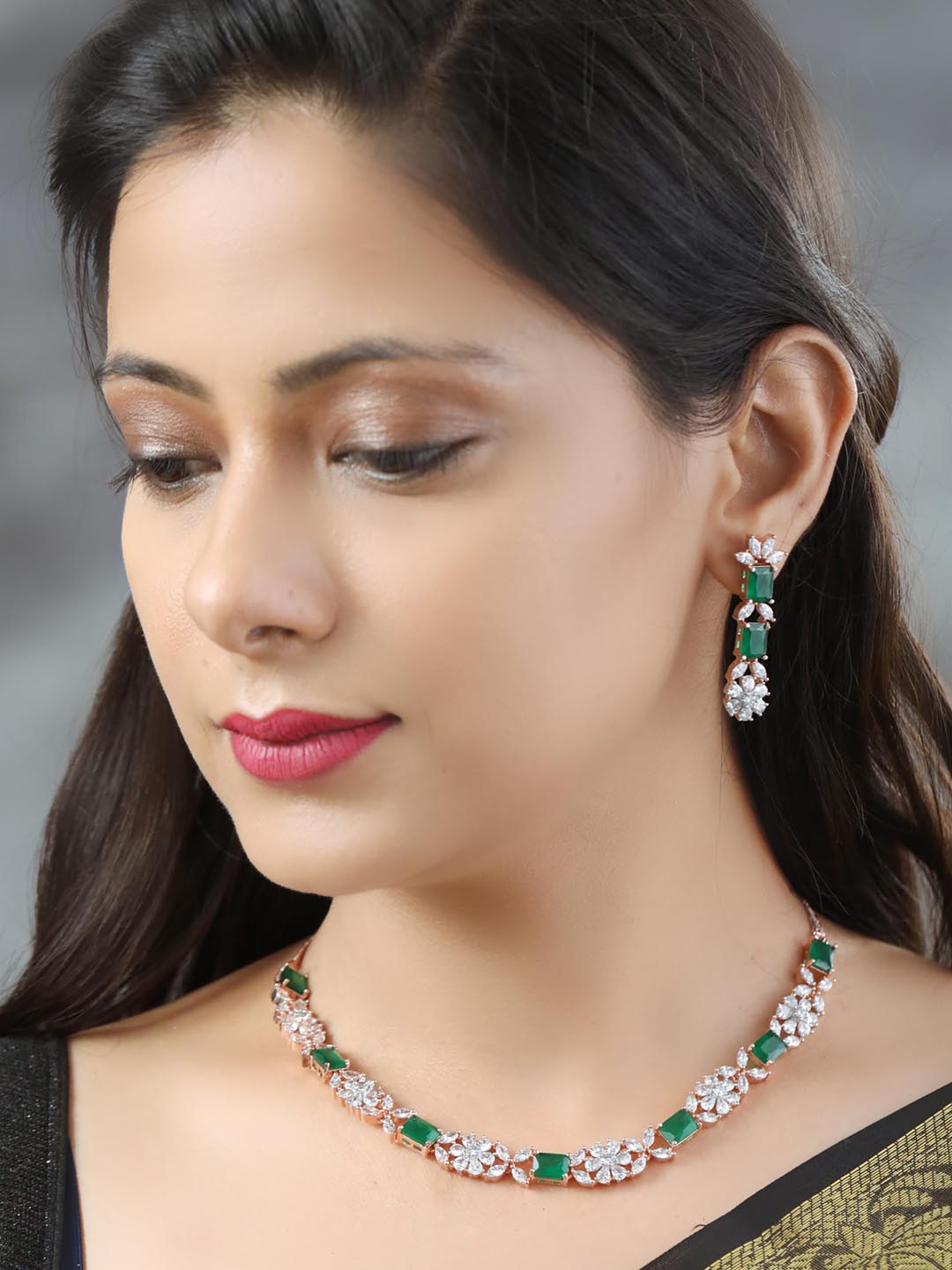 Priyaasi Women Green American Diamond Rose Gold-Polished Jewellery Set - Swadesiicart