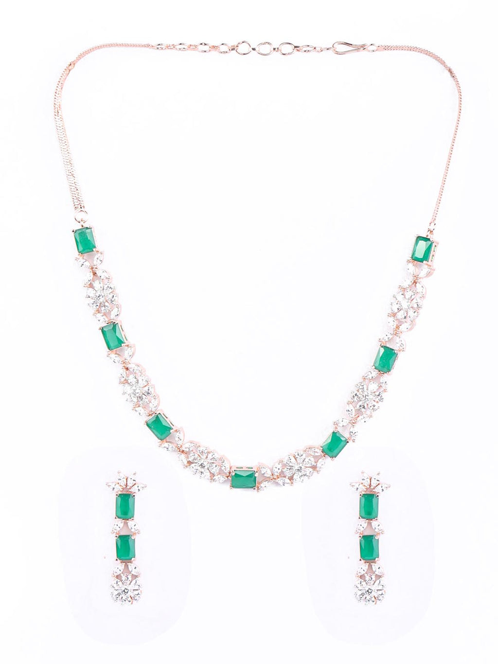 Priyaasi Women Green American Diamond Rose Gold-Polished Jewellery Set - Swadesiicart
