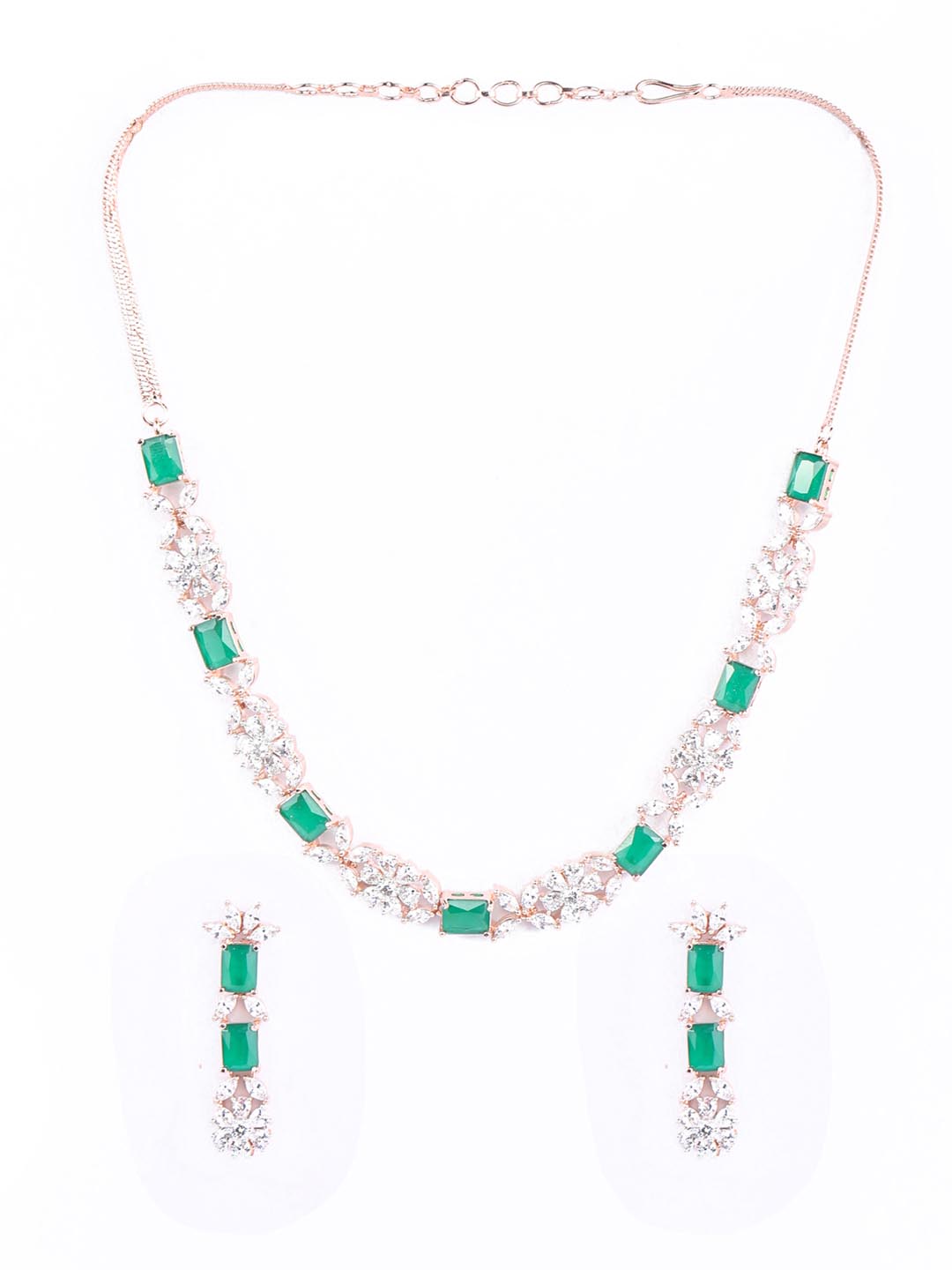 Priyaasi Women Green American Diamond Rose Gold-Polished Jewellery Set - Swadesiicart