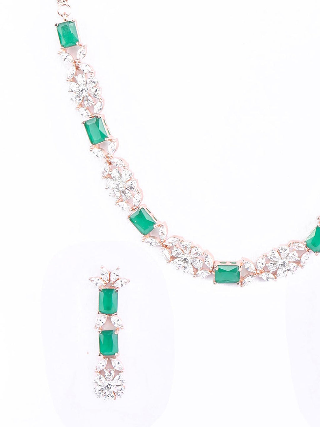 Priyaasi Women Green American Diamond Rose Gold-Polished Jewellery Set - Swadesiicart