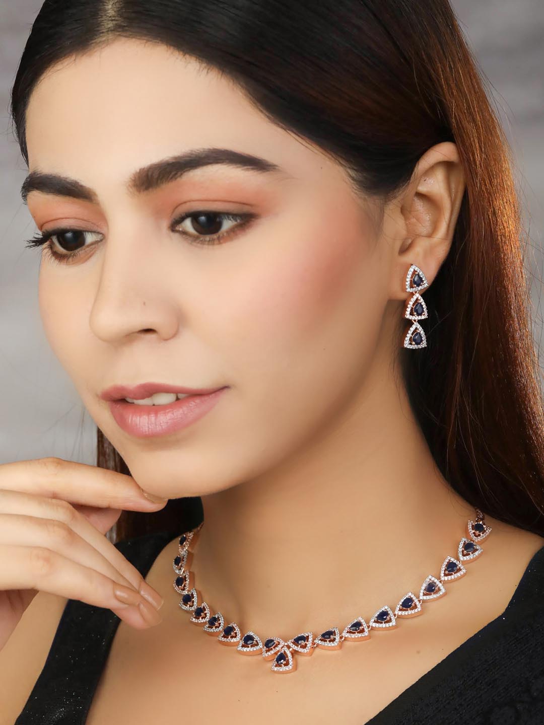Priyaasi Women Blue American Diamond Rose Gold-Polished Jewellery Set - Swadesiicart