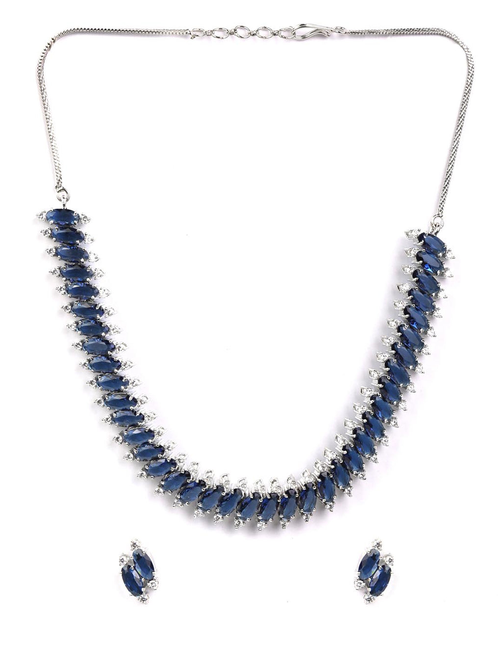 Priyaasi Women Blue American Diamond Silver Plated Jewellery Set - Swadesiicart