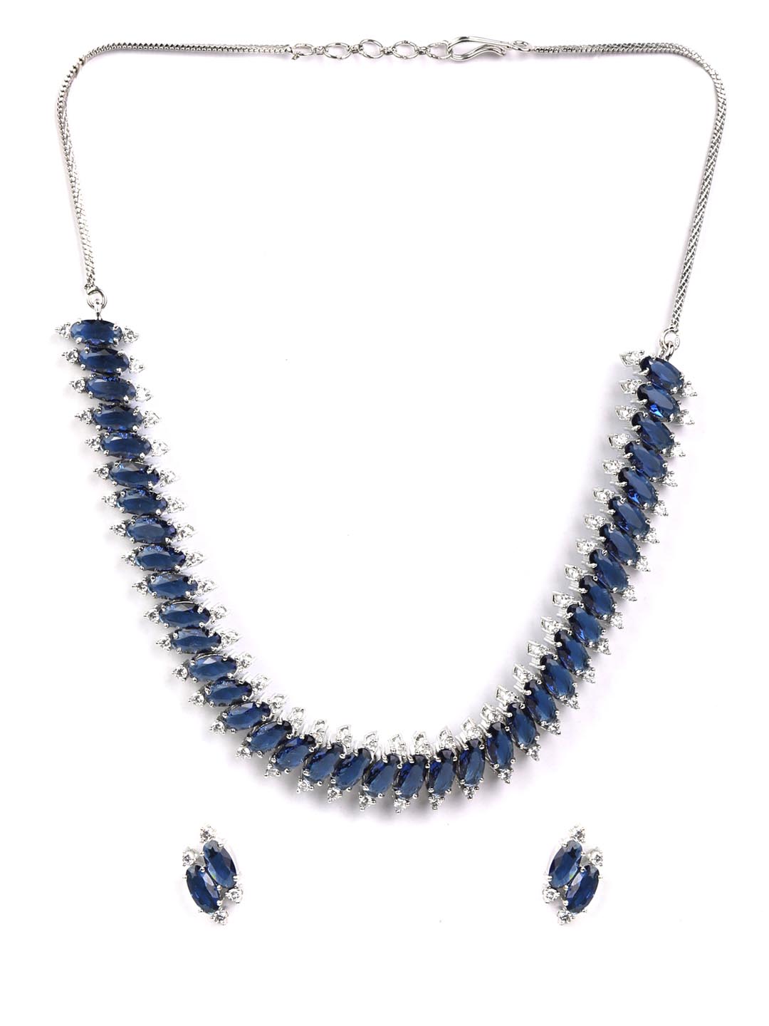 Priyaasi Women Blue American Diamond Silver Plated Jewellery Set - Swadesiicart