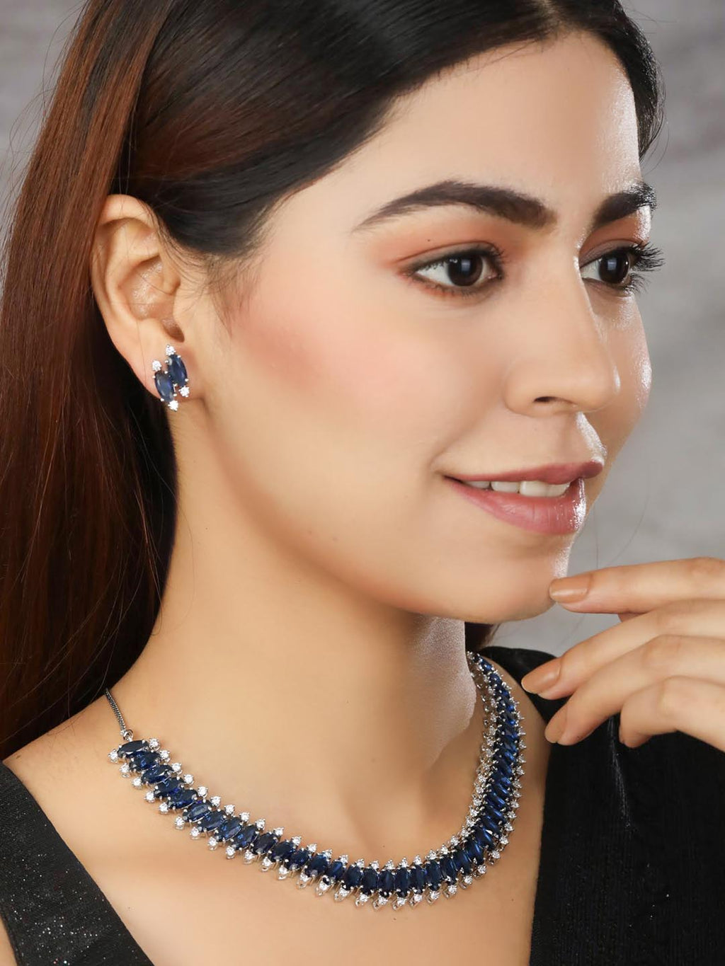 Priyaasi Women Blue American Diamond Silver Plated Jewellery Set - Swadesiicart