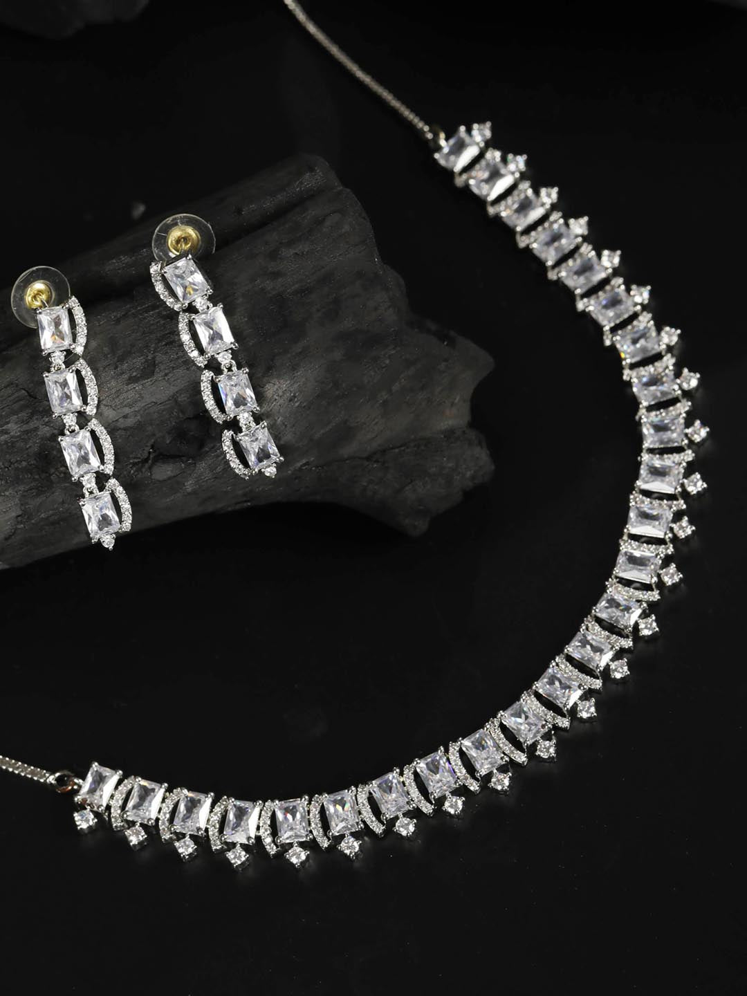 Priyaasi Women Dazzle Blocked-Silver Plated American Diamond Jewellery Set - Noz2Toz