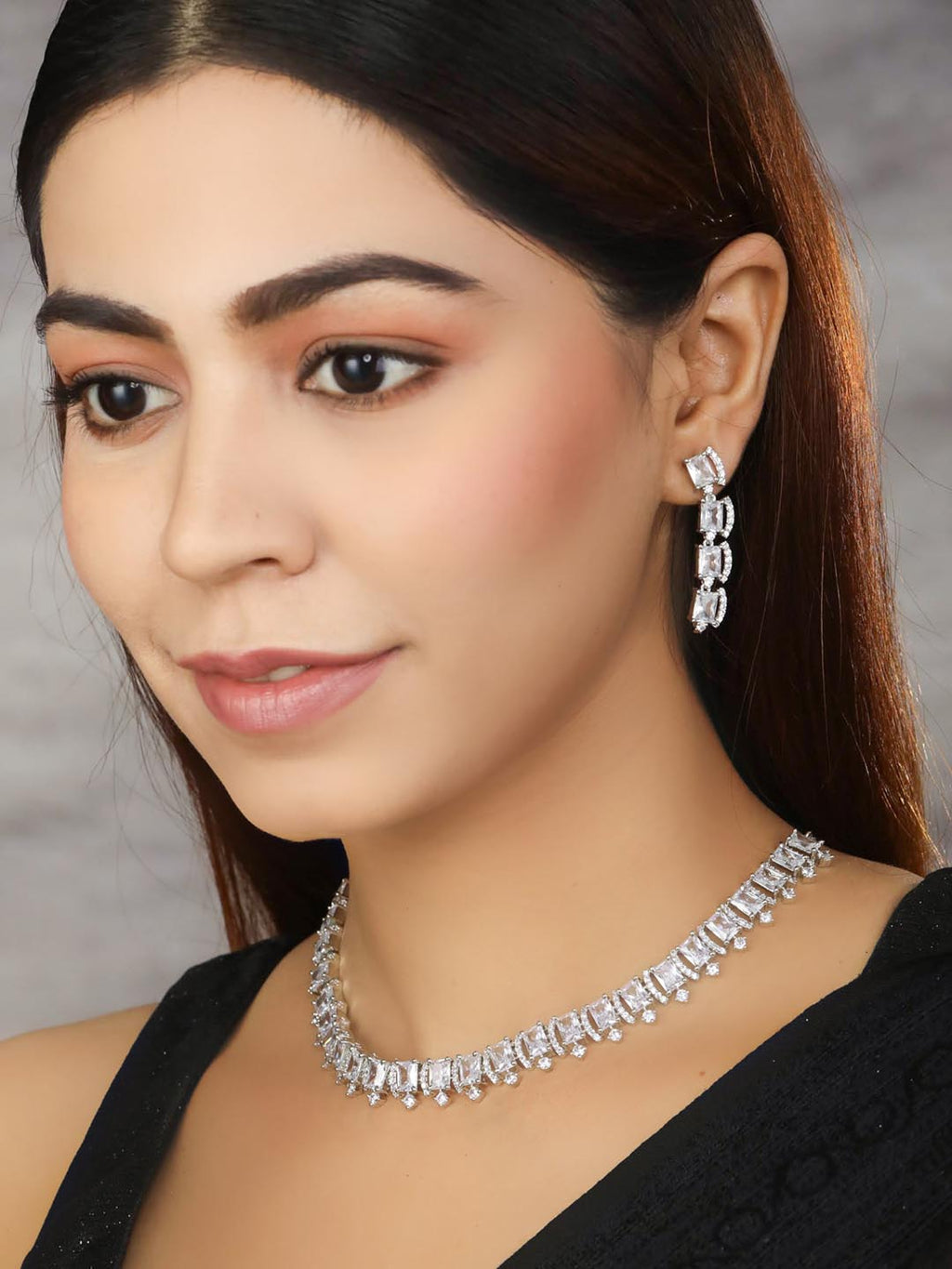 Priyaasi Women Dazzle Blocked-Silver Plated American Diamond Jewellery Set - Swadesiicart