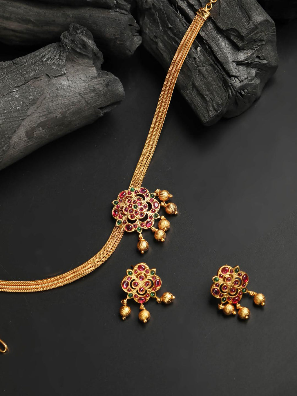 Priyaasi Women Kemp Stones Gold-Polished Floral Jewellery Set - Swadesiicart