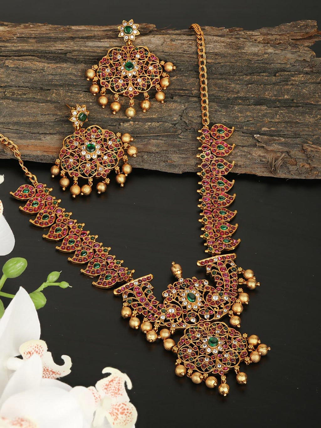 Priyaasi Women Multi-Color Kemp Stones American Diamond Gold-Polished Jewellery Set - Noz2Toz