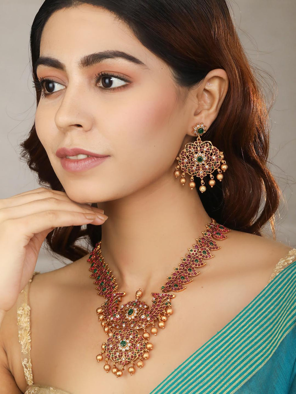 Priyaasi Women Multi-Color Kemp Stones American Diamond Gold-Polished Jewellery Set - Swadesiicart