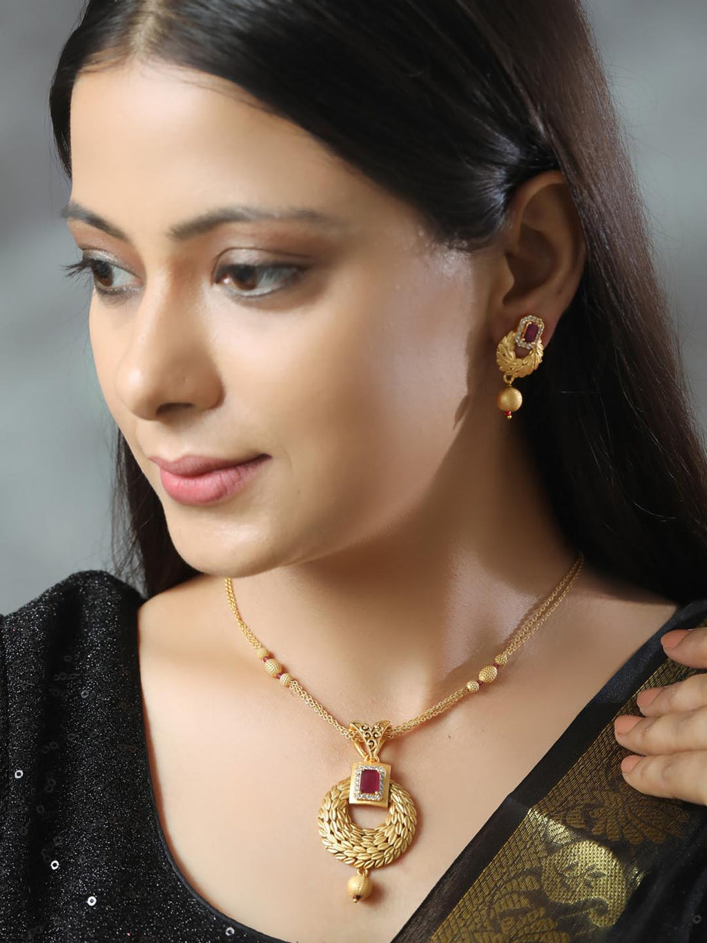 Priyaasi Women Maroon Ruby American Diamond Gold-Polished Jewellery Set - Swadesiicart