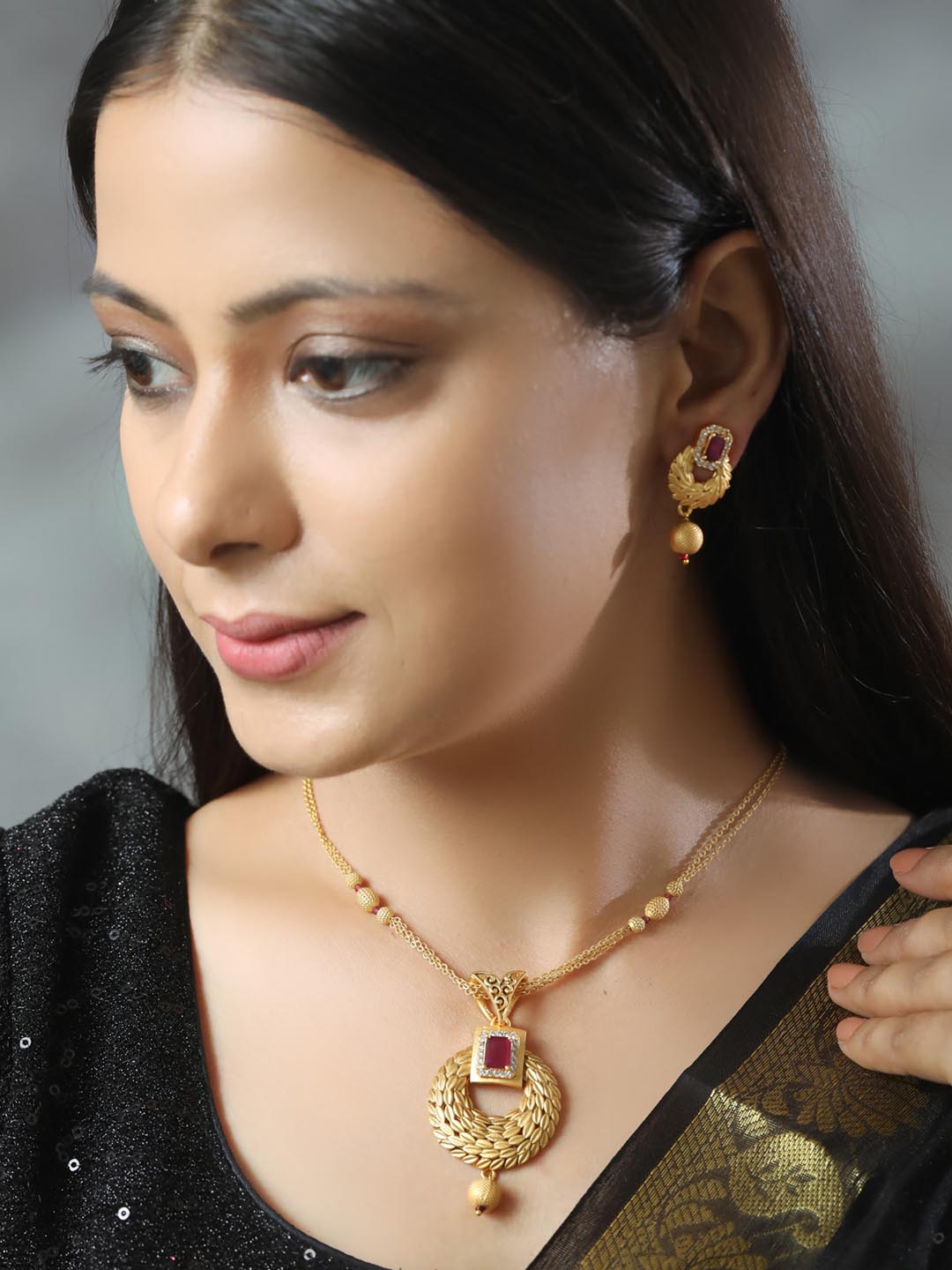 Priyaasi Women Maroon Ruby American Diamond Gold-Polished Jewellery Set - Swadesiicart