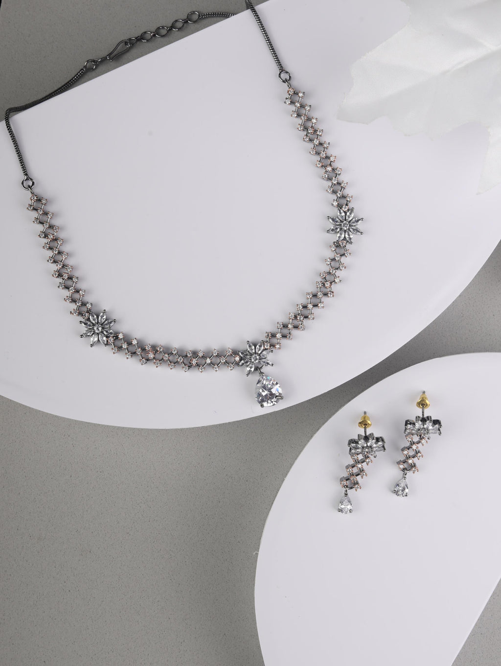 Priyaasi Women Grey American Diamond Cubic Zirconia Gun Metal Plated Jewellery Set - Noz2Toz