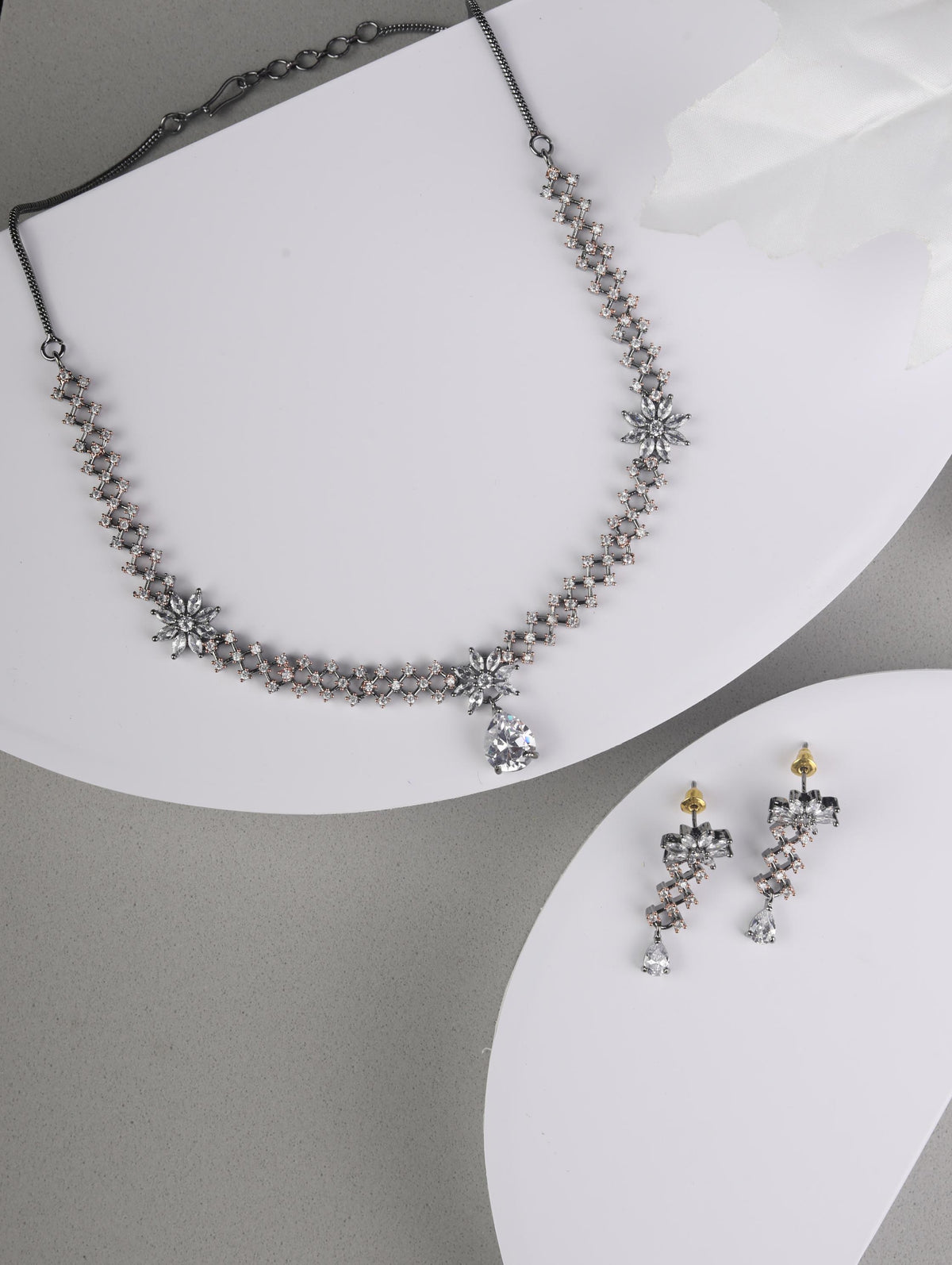 Priyaasi Women Grey American Diamond Cubic Zirconia Gun Metal Plated Jewellery Set - Noz2Toz