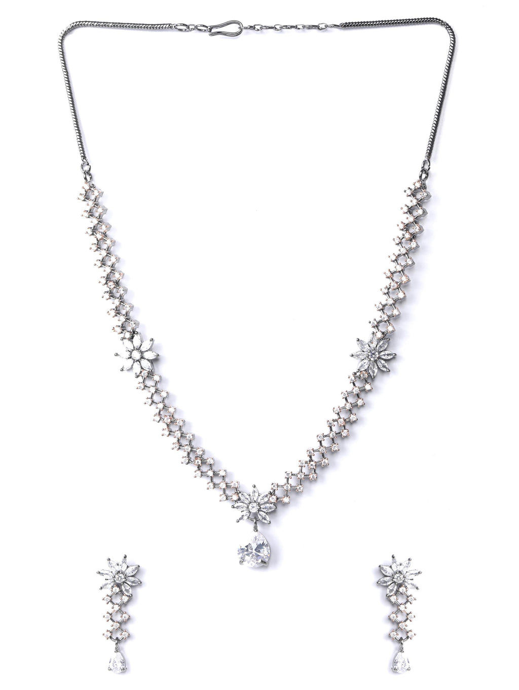 Priyaasi Women Grey American Diamond Cubic Zirconia Gun Metal Plated Jewellery Set - Swadesiicart