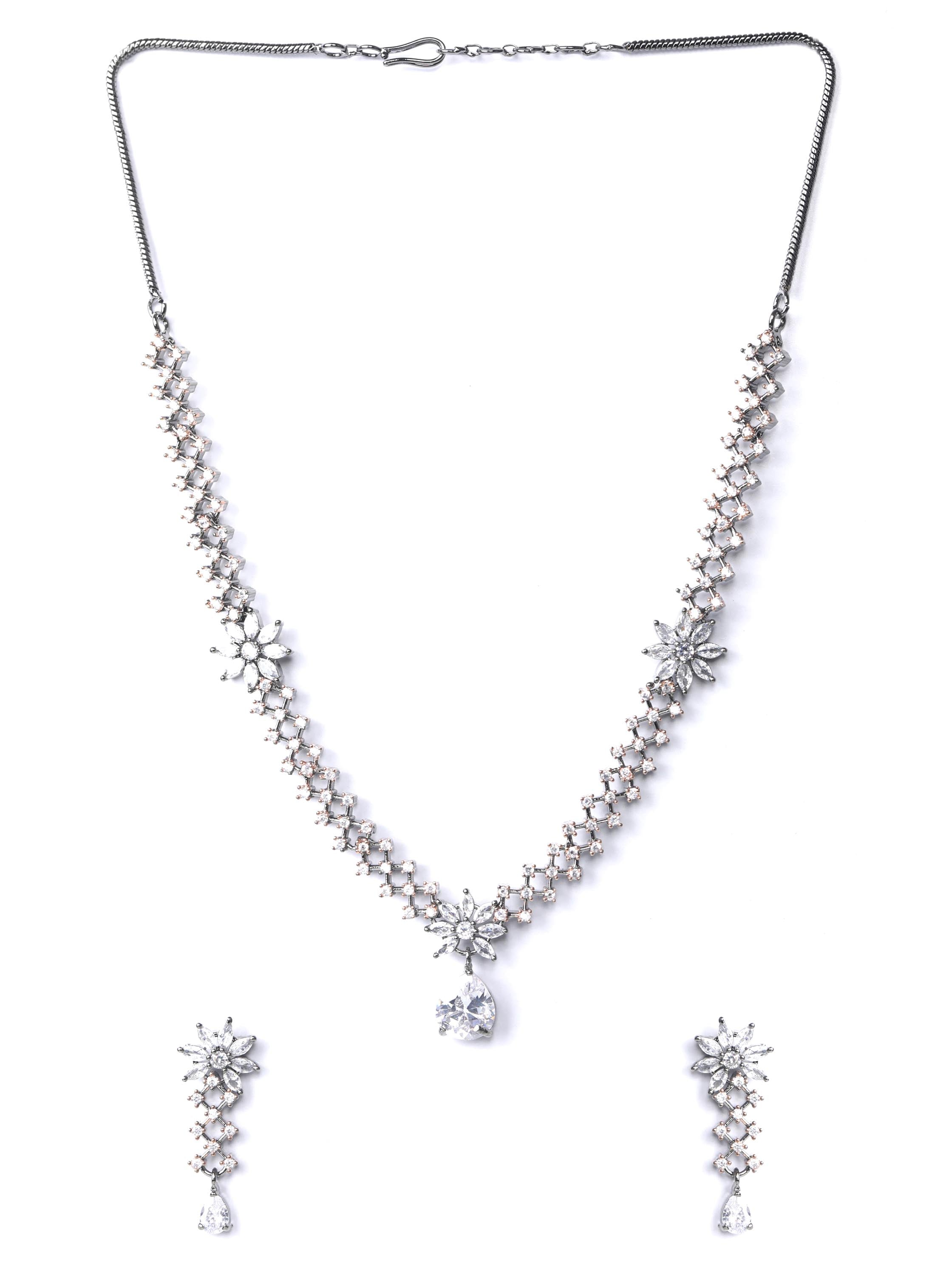 Priyaasi Women Grey American Diamond Cubic Zirconia Gun Metal Plated Jewellery Set - Swadesiicart