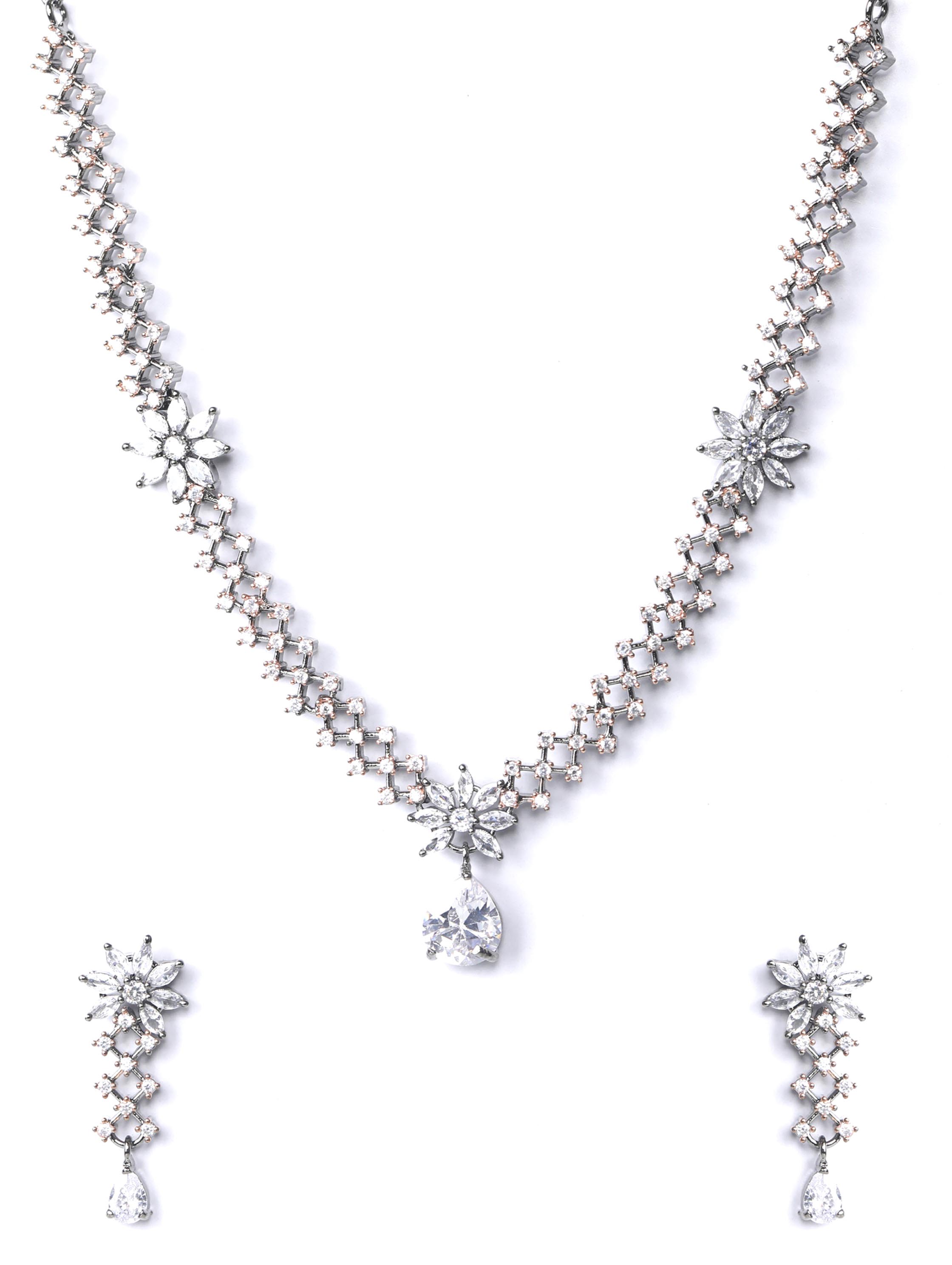 Priyaasi Women Grey American Diamond Cubic Zirconia Gun Metal Plated Jewellery Set - Swadesiicart