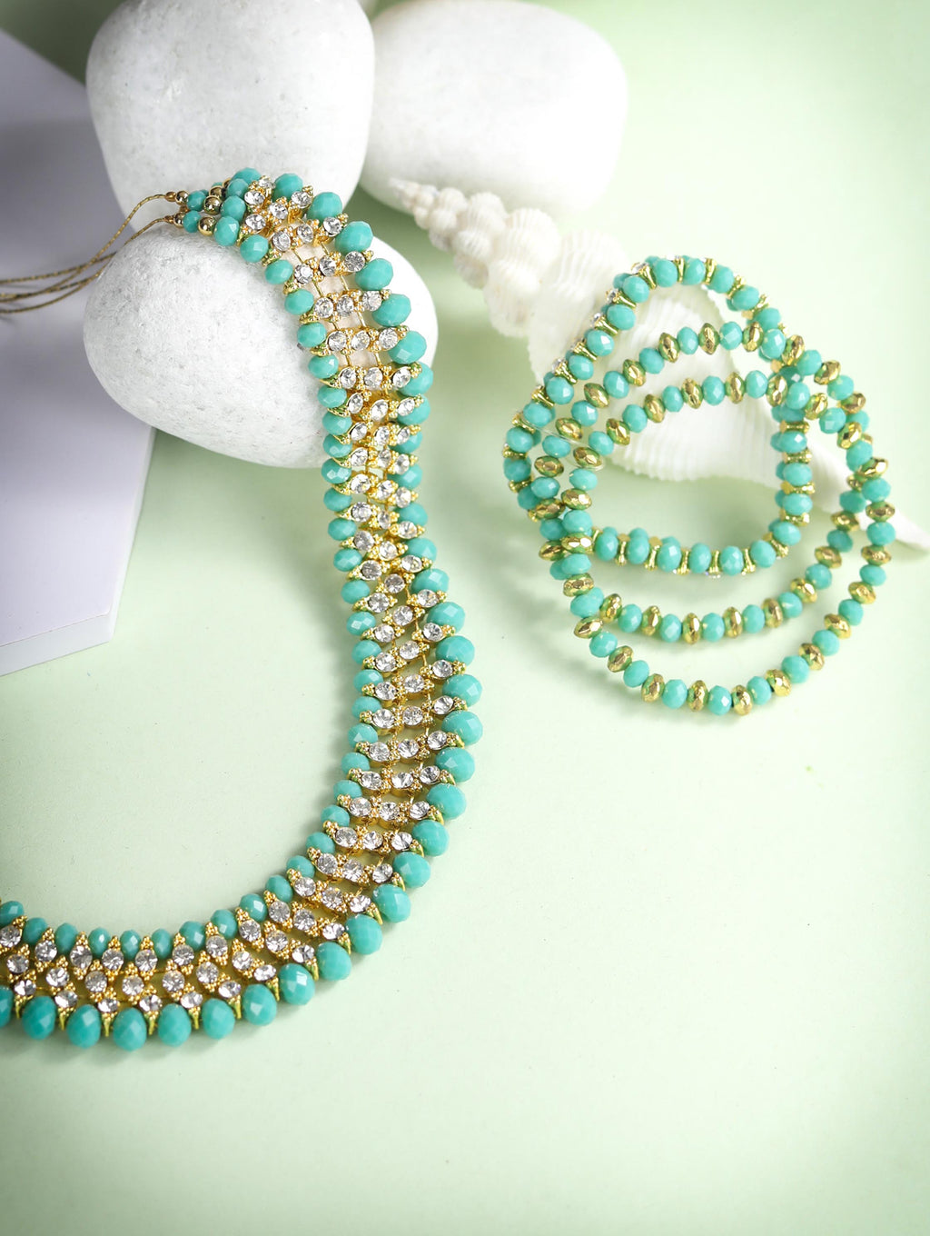 Priyaasi Women Mint Green Cubic Zirconia Stones Studded Gold-Polished Jewellery Set with Bracelet - Noz2Toz
