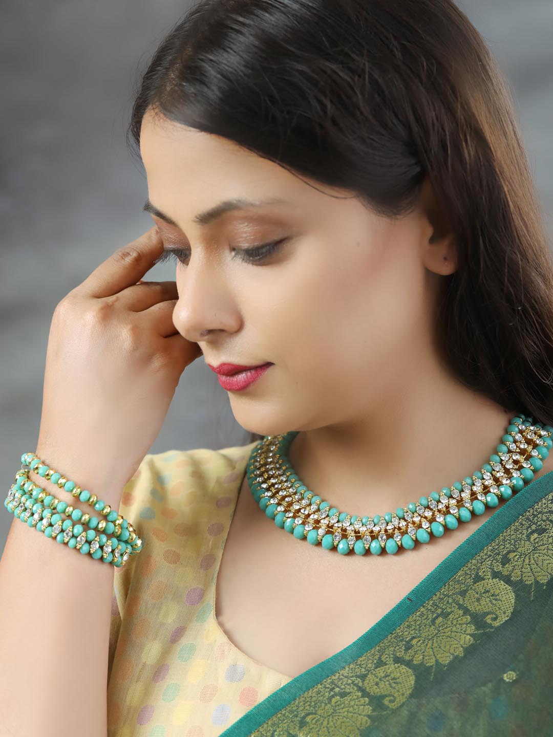 Priyaasi Women Mint Green Cubic Zirconia Stones Studded Gold-Polished Jewellery Set with Bracelet - Swadesiicart