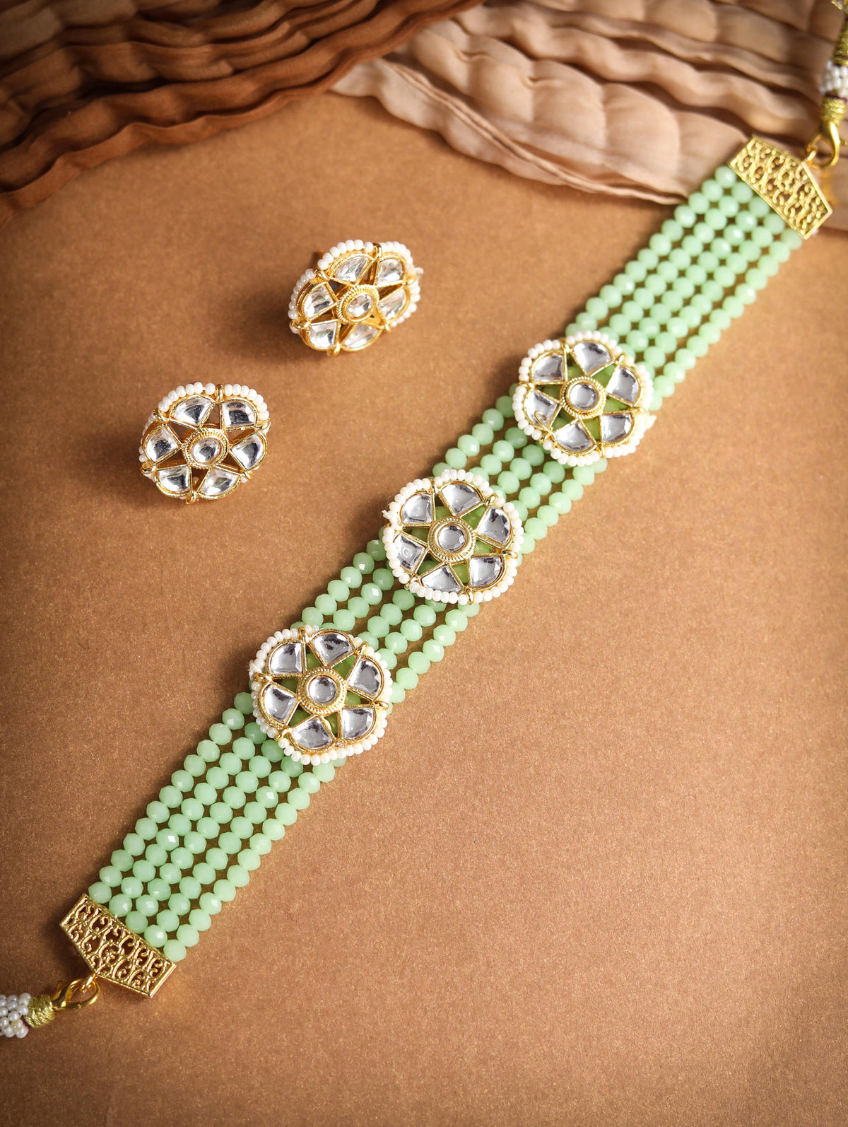 Priyaasi Women Mint Green White Kundan Gold-Polished Choket Set - Noz2Toz
