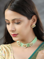 Priyaasi Women Mint Green White Kundan Gold-Polished Choket Set - Swadesiicart