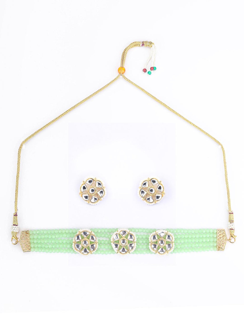 Priyaasi Women Mint Green White Kundan Gold-Polished Choket Set - Swadesiicart