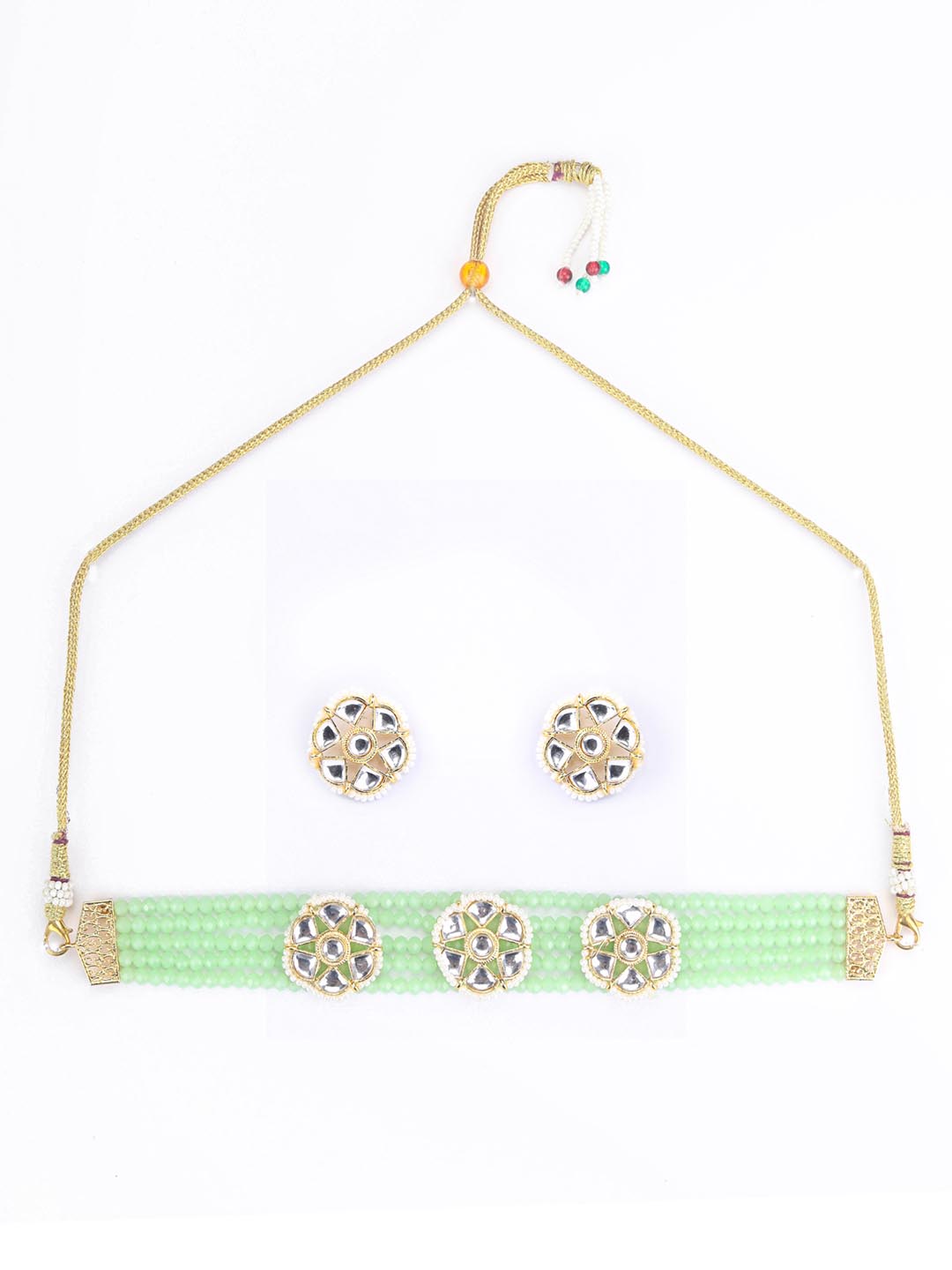 Priyaasi Women Mint Green White Kundan Gold-Polished Choket Set - Swadesiicart