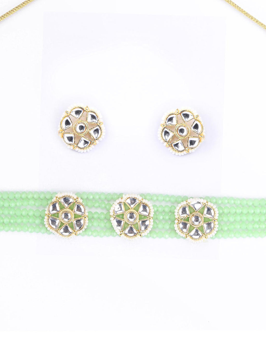 Priyaasi Women Mint Green White Kundan Gold-Polished Choket Set - Swadesiicart