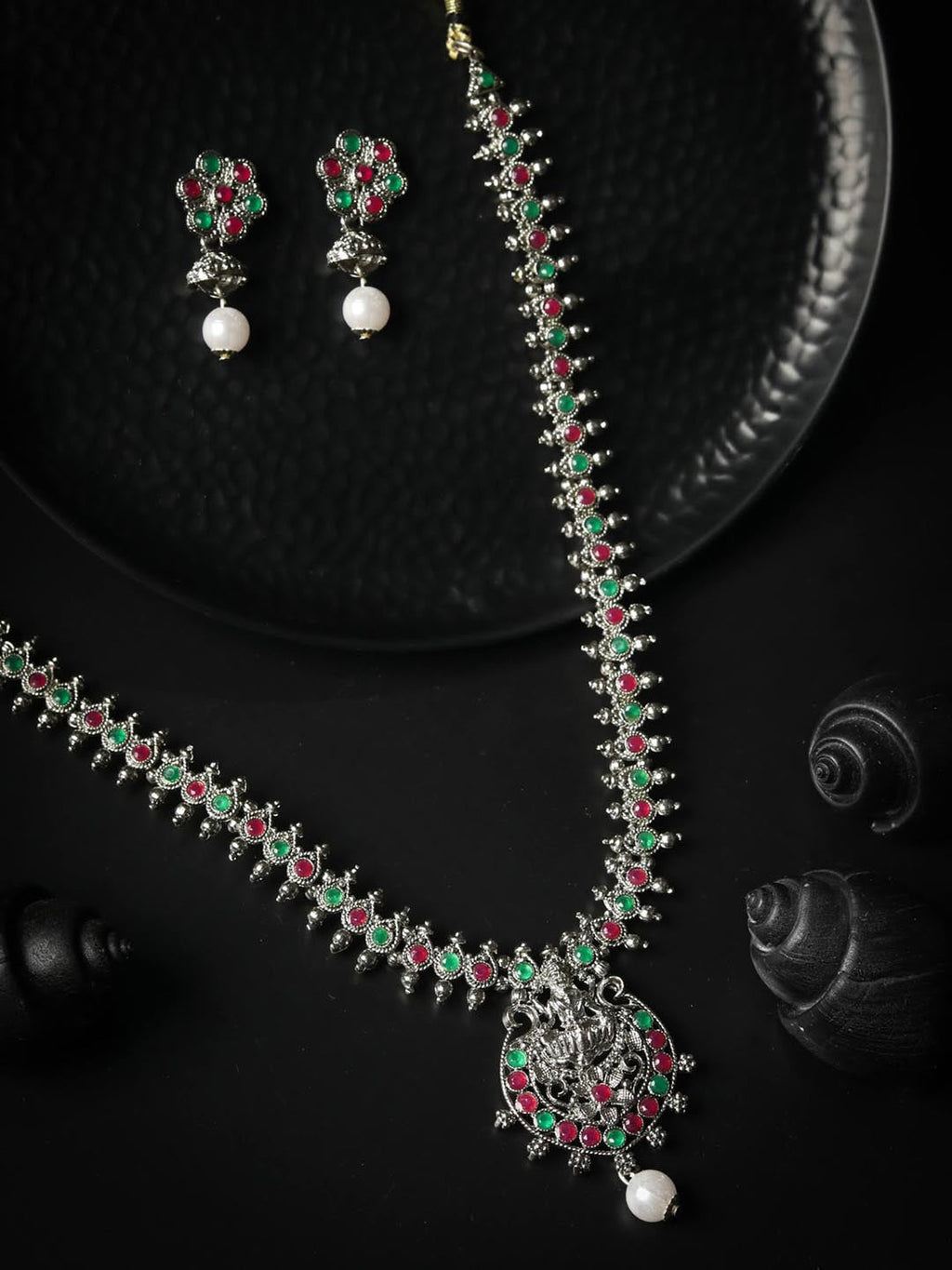 Priyaasi Women Green Ruby Emerald German Silver Plated Jewellery Set - Noz2Toz