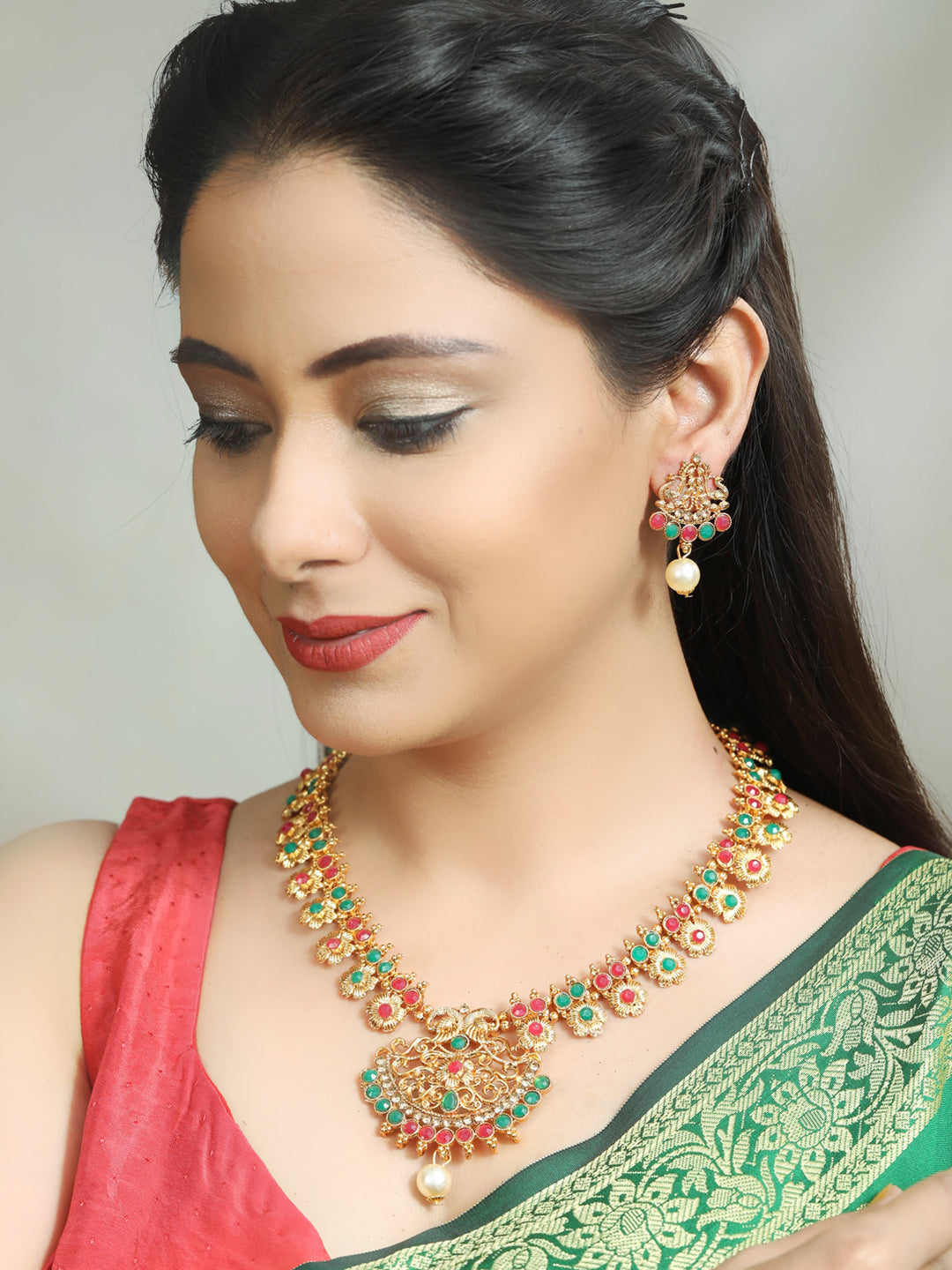Priyaasi Women Green Kemp Stones Pearls Gold-Polished Jewellery Set - Swadesiicart
