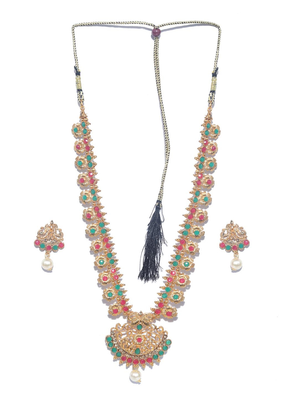 Priyaasi Women Green Kemp Stones Pearls Gold-Polished Jewellery Set - Swadesiicart