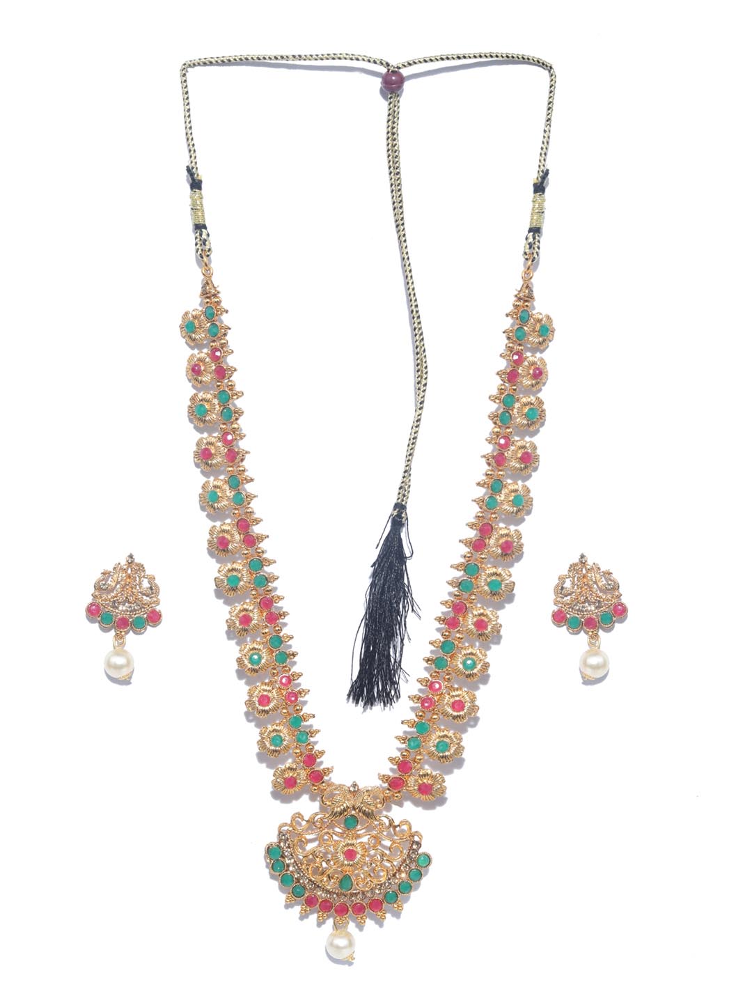 Priyaasi Women Green Kemp Stones Pearls Gold-Polished Jewellery Set - Swadesiicart