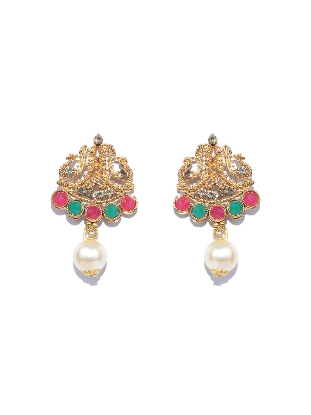 Priyaasi Women Green Kemp Stones Pearls Gold-Polished Jewellery Set - Swadesiicart