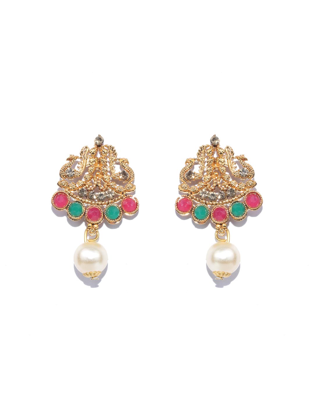 Priyaasi Women Green Kemp Stones Pearls Gold-Polished Jewellery Set - Swadesiicart