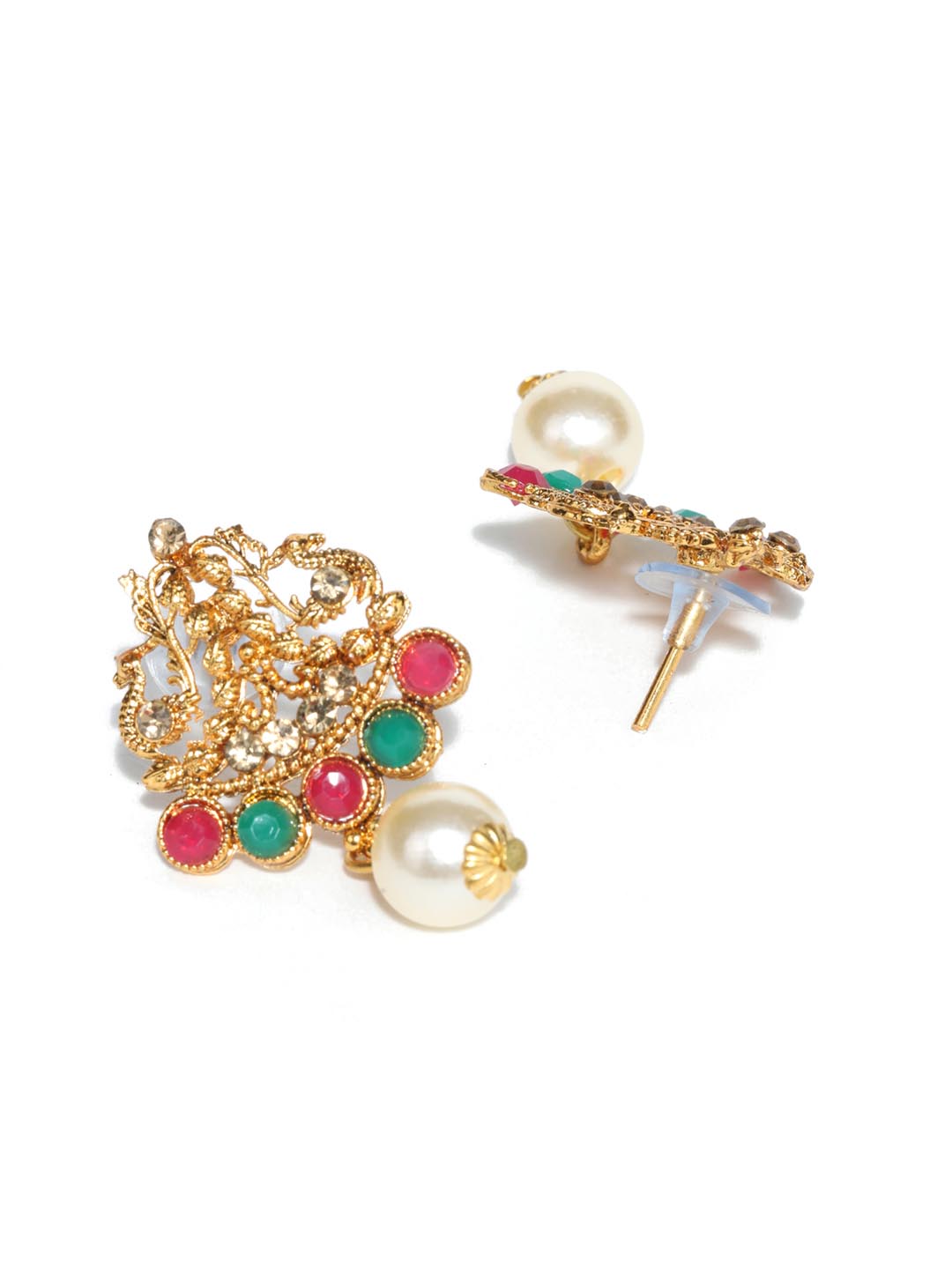 Priyaasi Women Green Kemp Stones Pearls Gold-Polished Jewellery Set - Swadesiicart