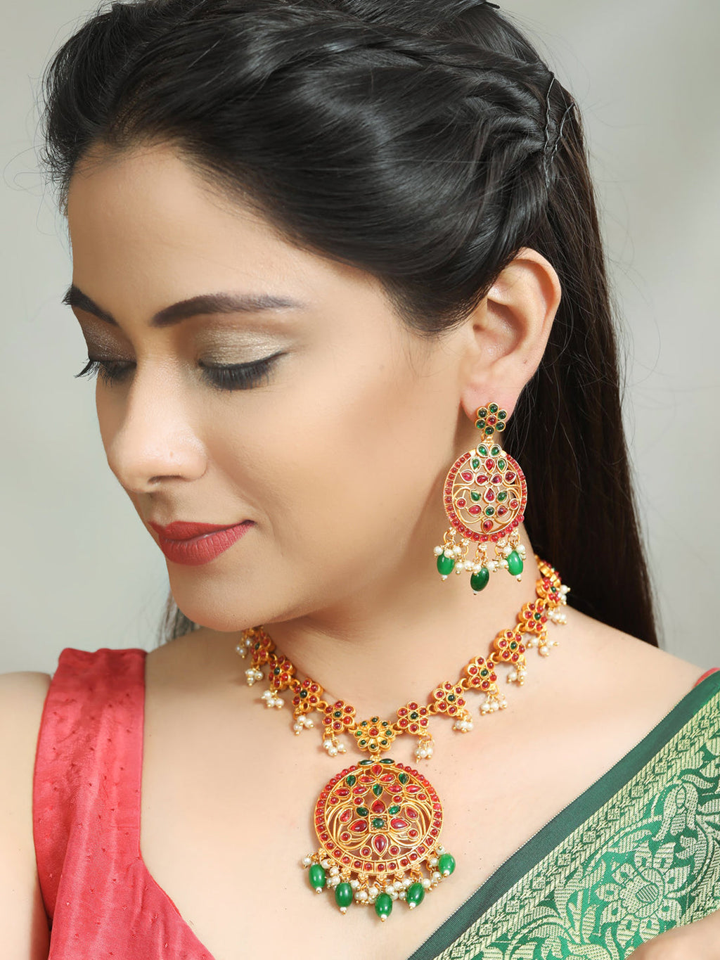 Priyaasi Women Green Ruby Kemp Stones Gold-Polished Jewellery Set - Swadesiicart