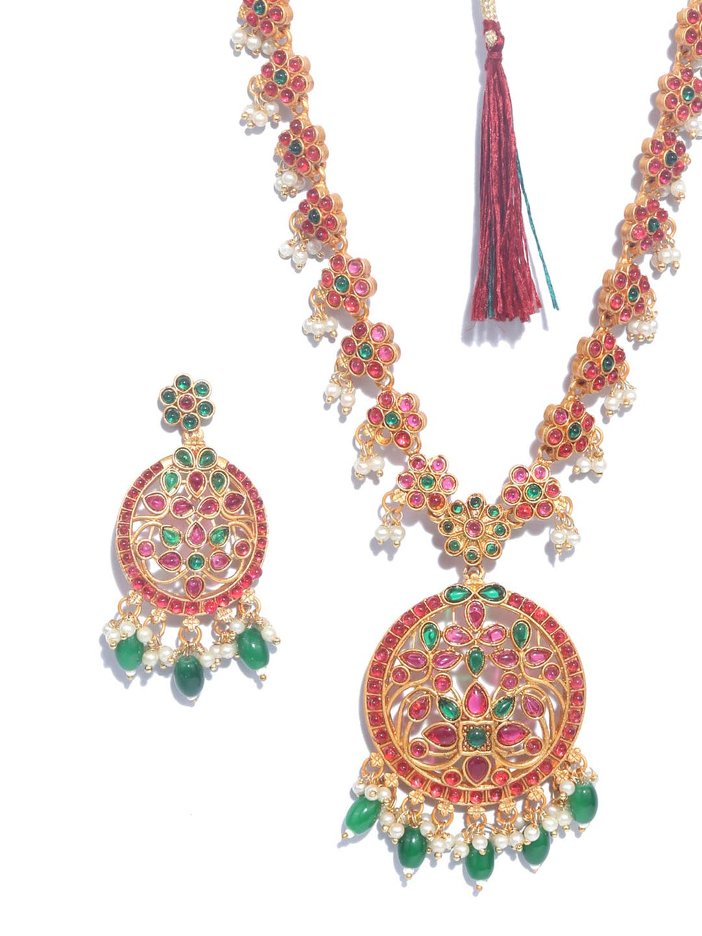 Priyaasi Women Green Ruby Kemp Stones Gold-Polished Jewellery Set - Swadesiicart