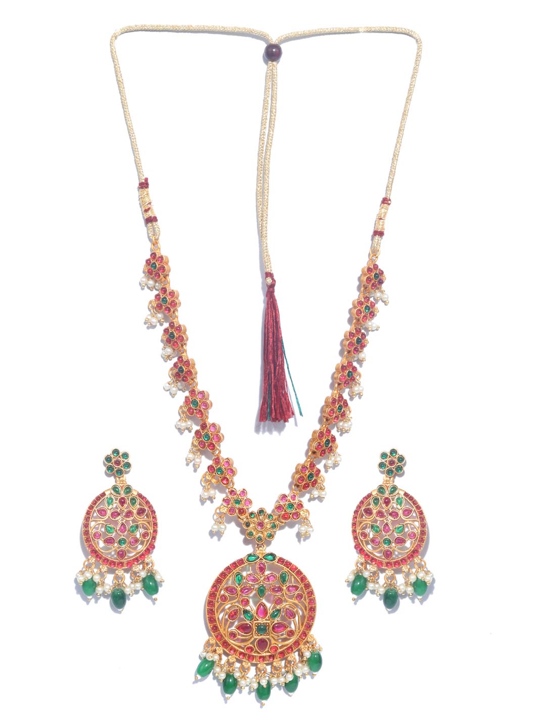 Priyaasi Women Green Ruby Kemp Stones Gold-Polished Jewellery Set - Swadesiicart