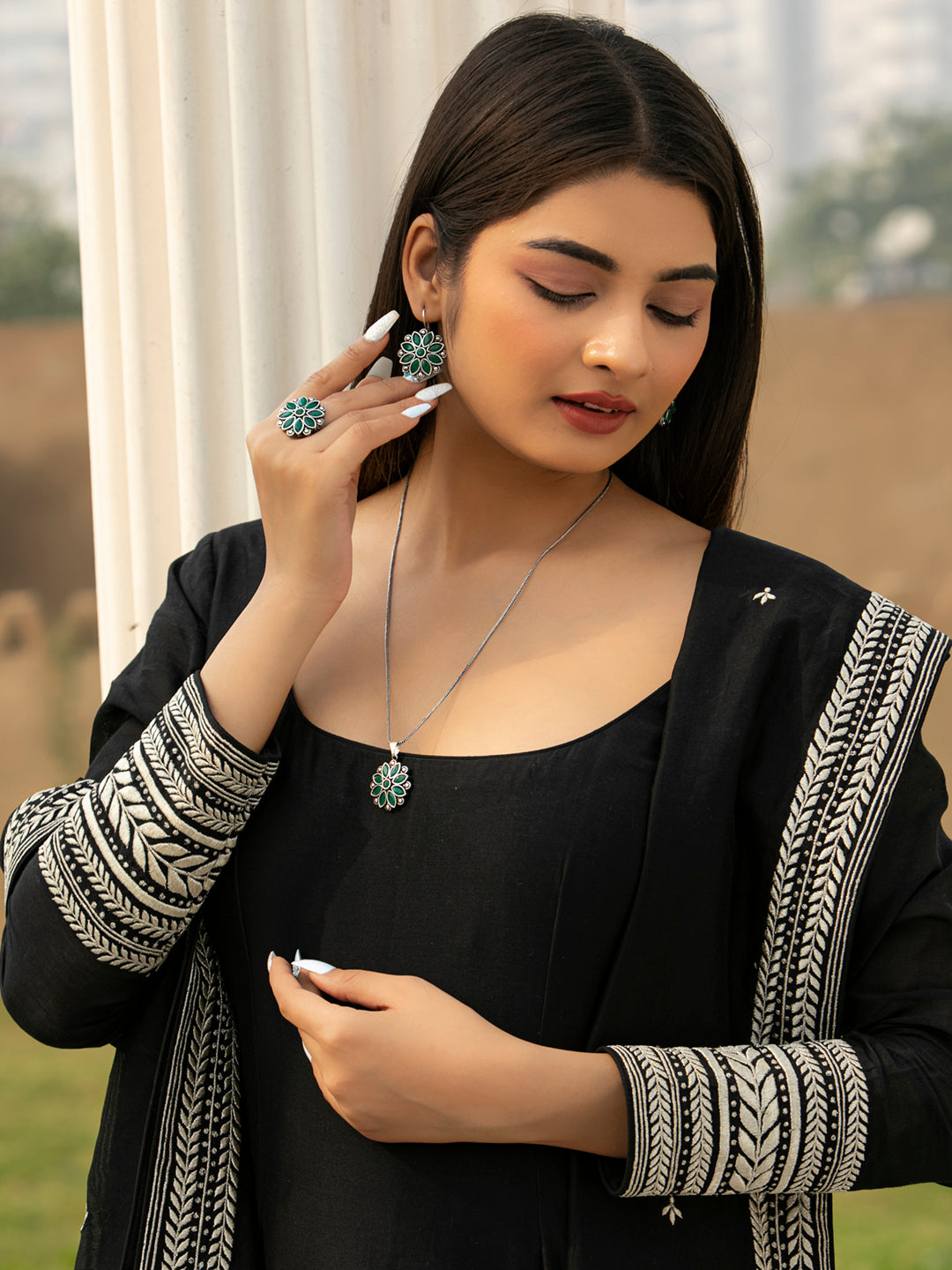 Priyaasi Women Green Floral Silver Plated Jewellery Set - Swadesiicart