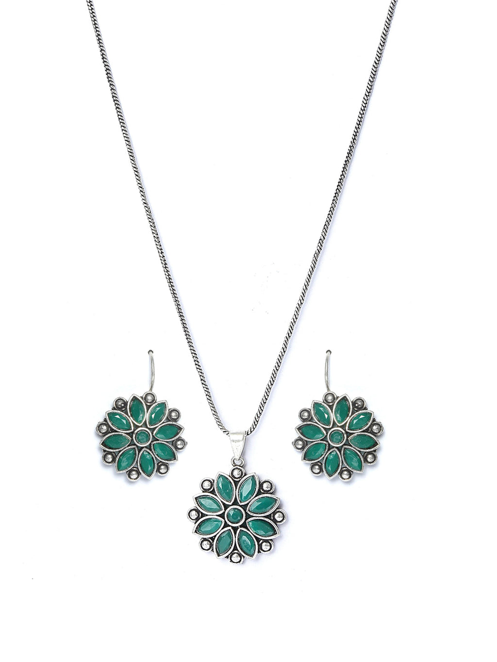 Priyaasi Women Green Floral Silver Plated Jewellery Set - Swadesiicart