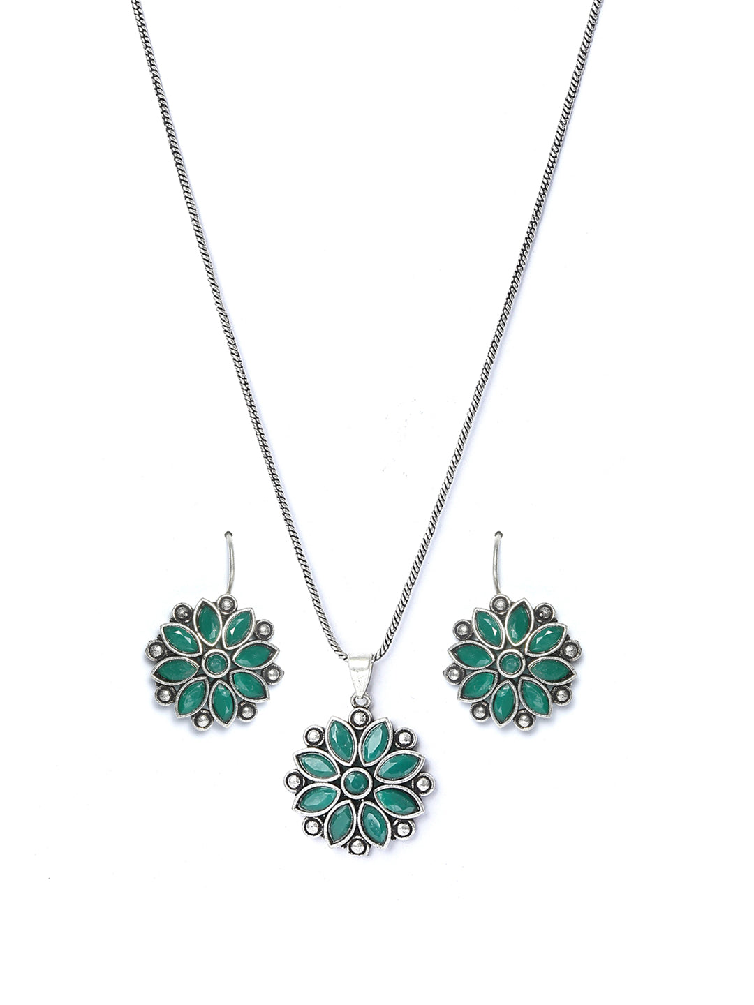 Priyaasi Women Green Floral Silver Plated Jewellery Set - Swadesiicart