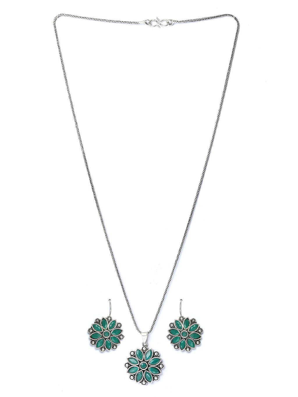 Priyaasi Women Green Floral Silver Plated Jewellery Set - Swadesiicart