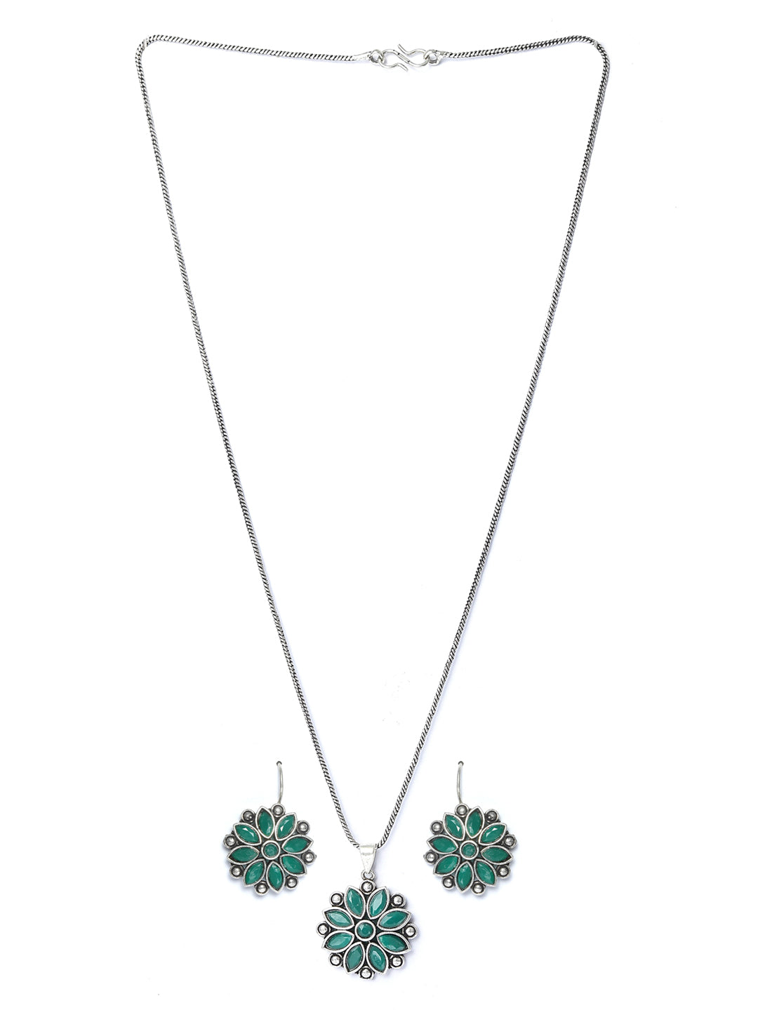 Priyaasi Women Green Floral Silver Plated Jewellery Set - Swadesiicart