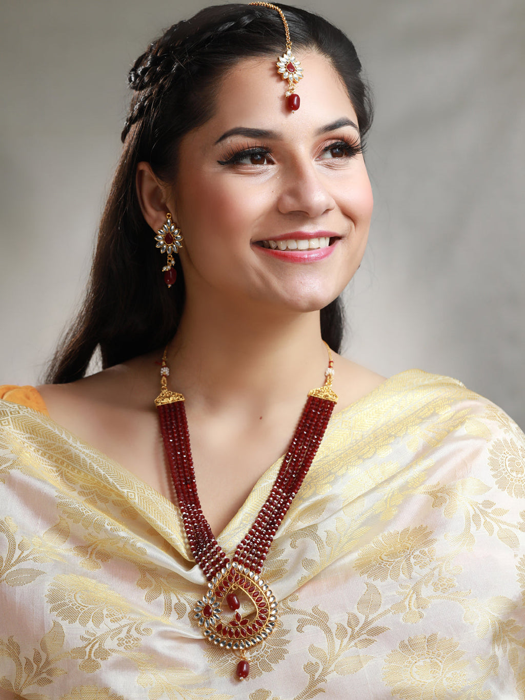 Priyaasi Women Maroon Gold-Polished Kundan Jewellery Set - Swadesiicart