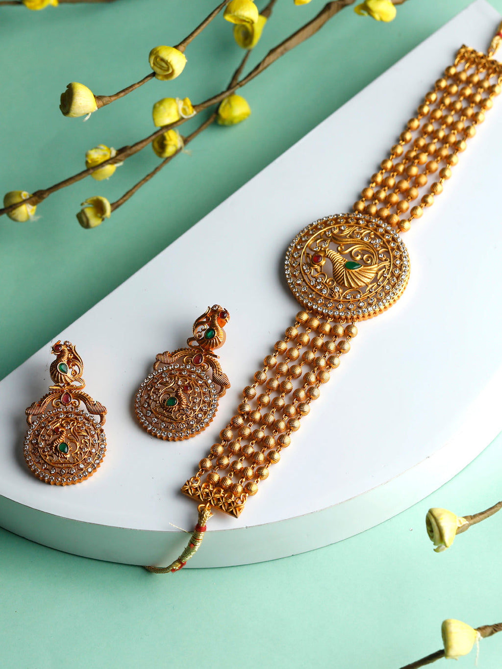 Priyaasi Women Traditional Ruby & Emerald Gold-Polished Peacock Jewellery Set - Noz2Toz