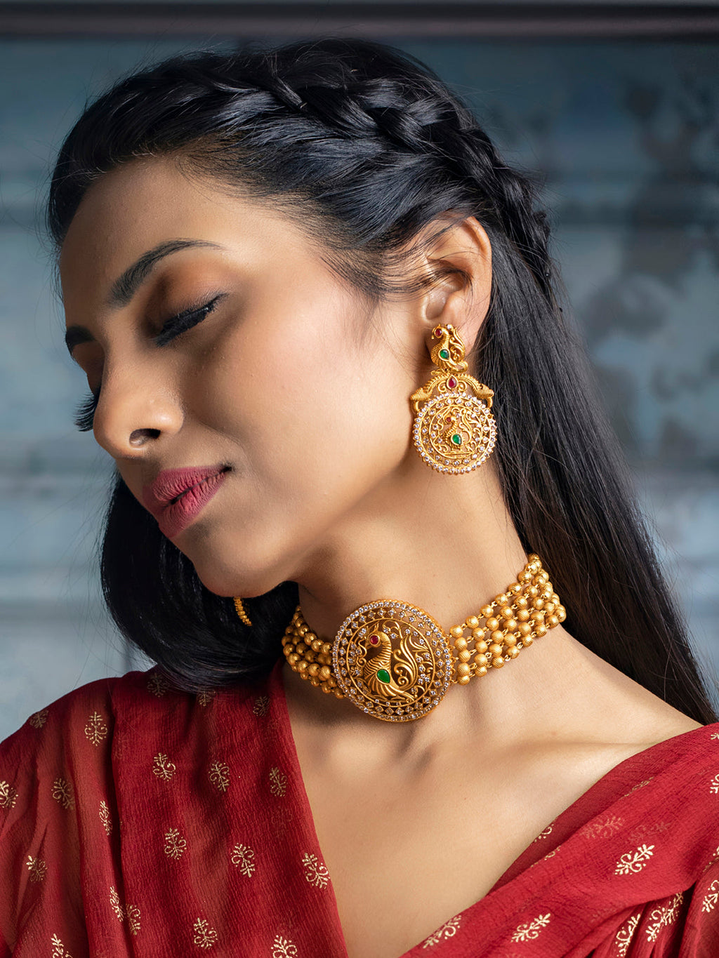 Priyaasi Women Traditional Ruby & Emerald Gold-Polished Peacock Jewellery Set - Swadesiicart