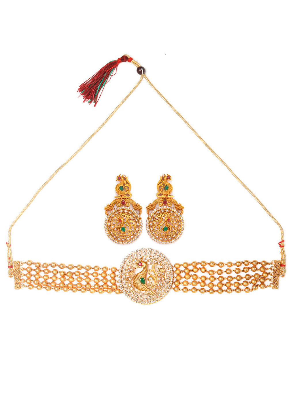 Priyaasi Women Traditional Ruby & Emerald Gold-Polished Peacock Jewellery Set - Swadesiicart