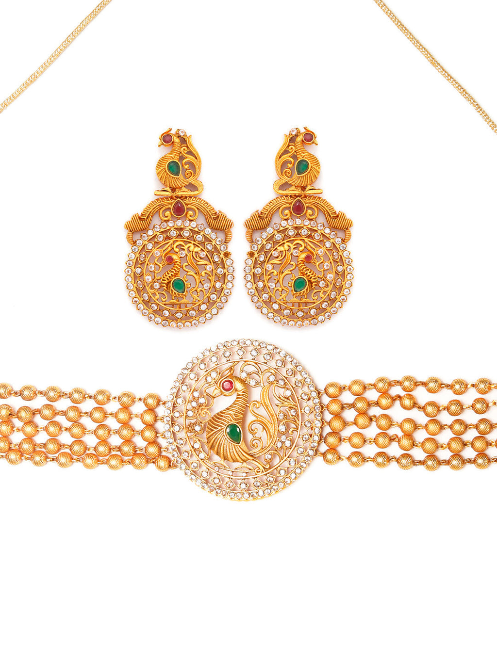 Priyaasi Women Traditional Ruby & Emerald Gold-Polished Peacock Jewellery Set - Swadesiicart