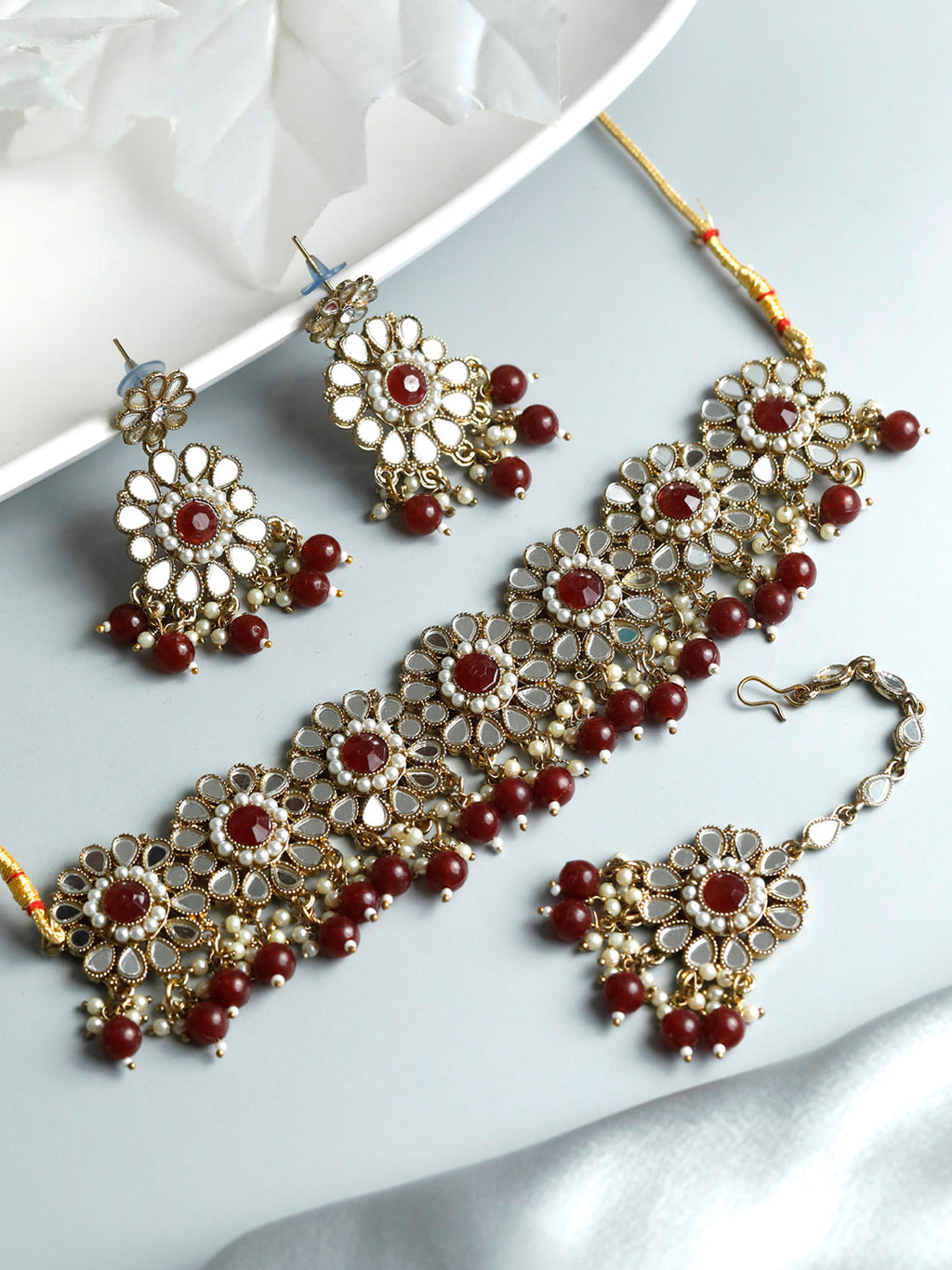Priyaasi Women Mirror Studded Maroon Floral Jewellery Set - Noz2Toz