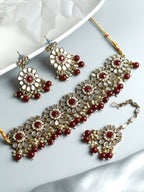 Priyaasi Women Mirror Studded Maroon Floral Jewellery Set - Noz2Toz