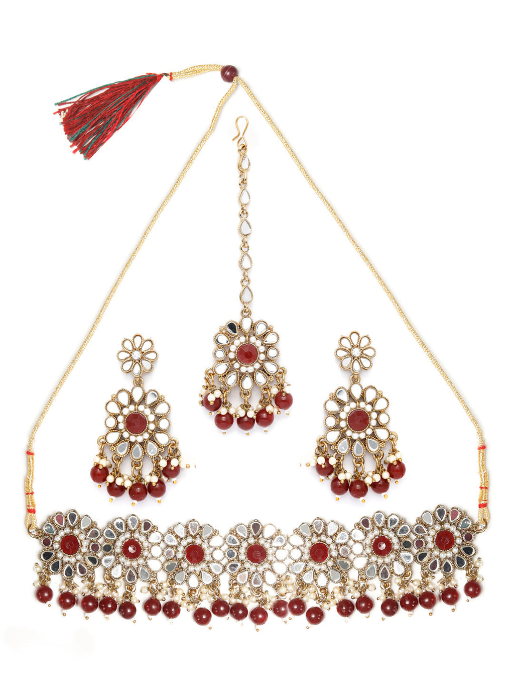 Priyaasi Women Mirror Studded Maroon Floral Jewellery Set - Swadesiicart